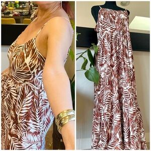 Emily Daniel’s Brown and White Leaf Tropical Print Maxi Dress